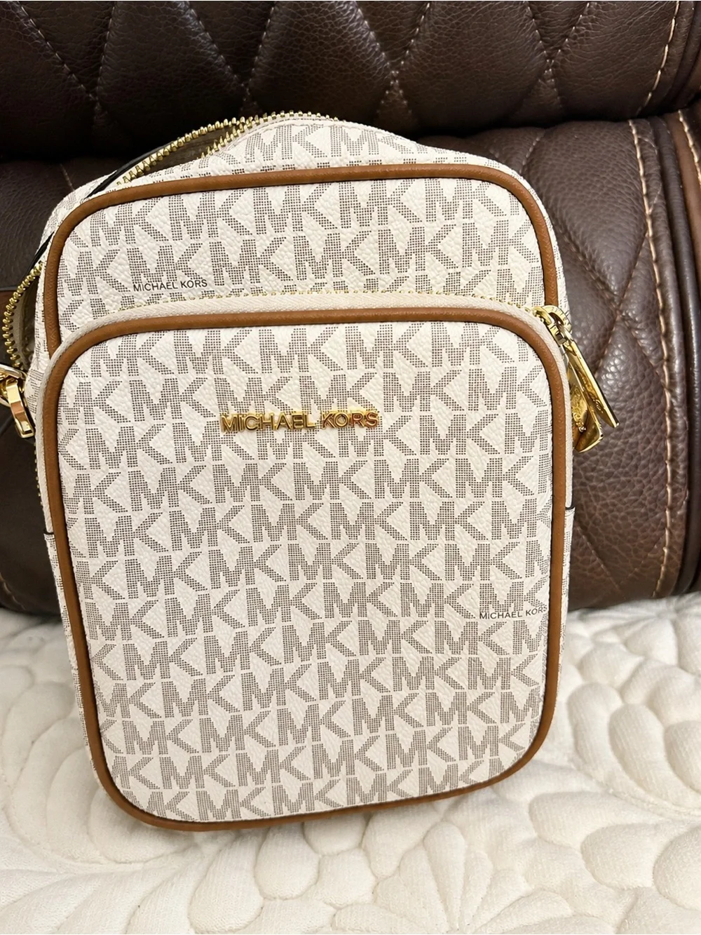 Michael Kors Beige Logo Belt Bag with Brown Trim and Gold Hardware
